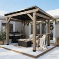 8x6 FT Cedar Wood BBQ Grill Gazebo with Hardtop Steel Sloping Roof, Wooden Outdoor Gazebo Pergola with 2 Side Storage Shelves for Barbecue, Garden, Deck, Backyard