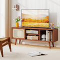 Giantex Bamboo TV Stand for TVs up to 55', Mid Century Modern Entertainment Center w/ 3-Level Adjustable Shelf, PE Rattan, Tempered Glass Sliding Door, Media TV Console Table for Bedroom (Walnut)