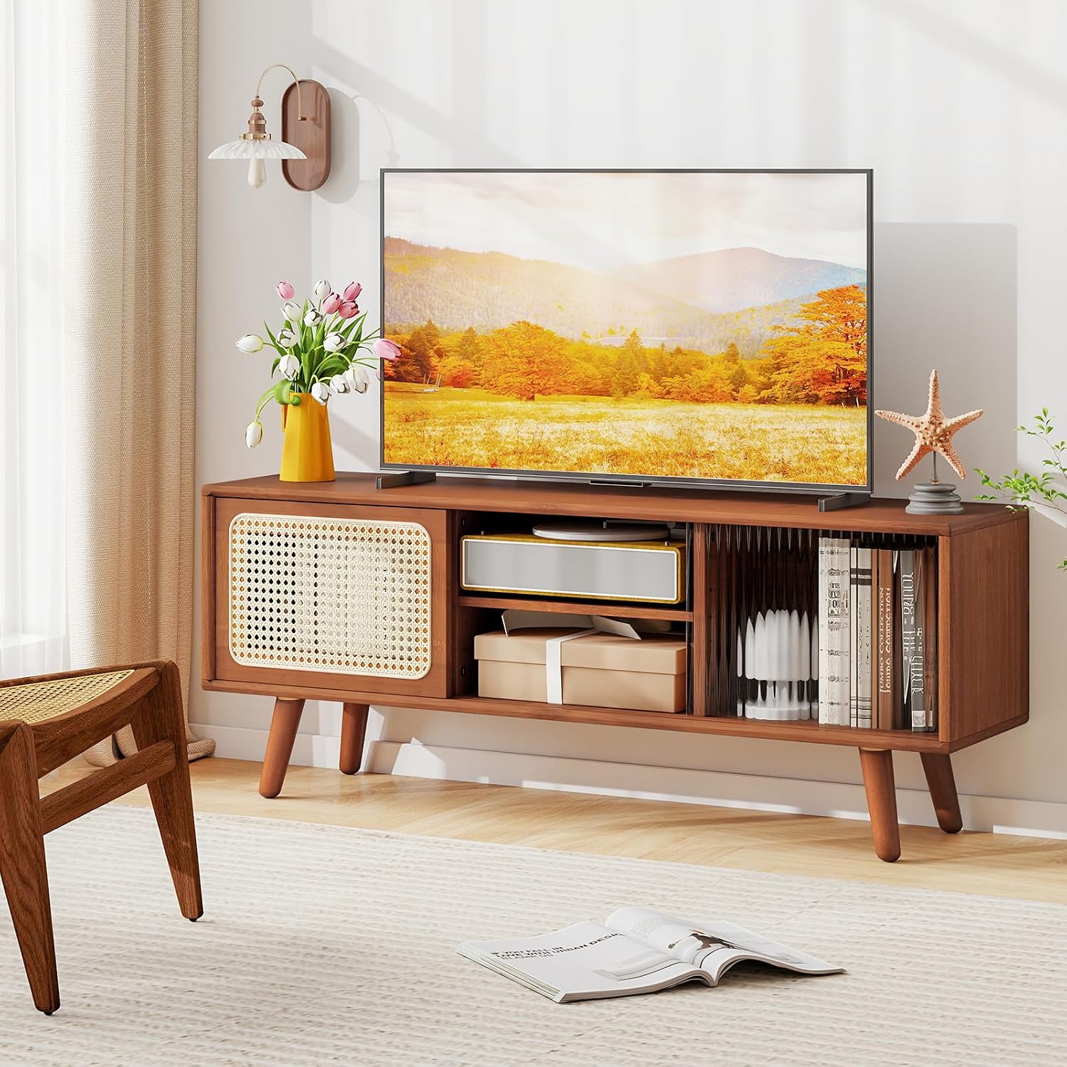Giantex Bamboo TV Stand for TVs up to 55', Mid Century Modern Entertainment Center w/ 3-Level Adjustable Shelf, PE Rattan, Tempered Glass Sliding Door, Media TV Console Table for Bedroom (Walnut)