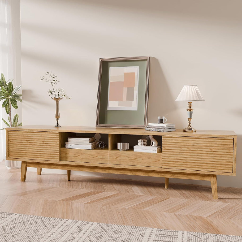 TOLEAD 70' Mid Century Modern TV Stand for TVs up to 75 Inch, Low Profile Entertainment Center with Fluted Sliding Doors & Storage Drawers, Wood TV Console Table for Living Room, Oak