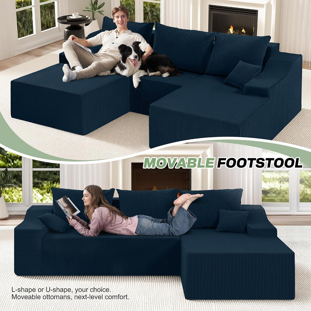 HABUTWAY U Shaped Modular Sectional Couch for Living Room, Modular Cloud Sofa with Ottoman, No Assembly Boneless Couches with Deep Seat, Corduroy Fabric (Blue, Right Facing)