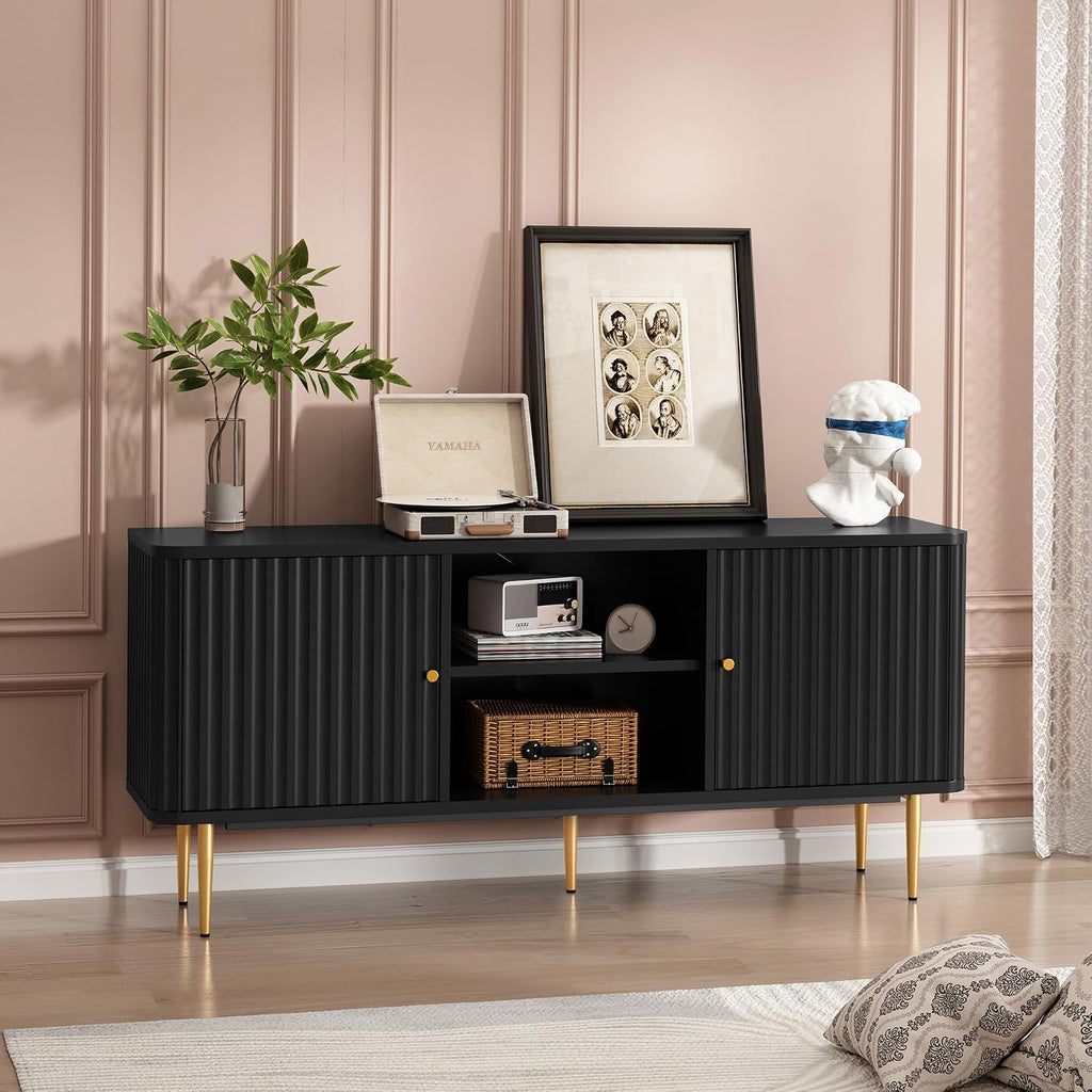 ARTPOWER 55' Fluted TV Stand, Mid Century Modern Black TV Stand for 55/60/65 inch TV, Entertainment Center with Storage, Television Stands, TV Console, Media Console for Living Room, Bedroom (Black)
