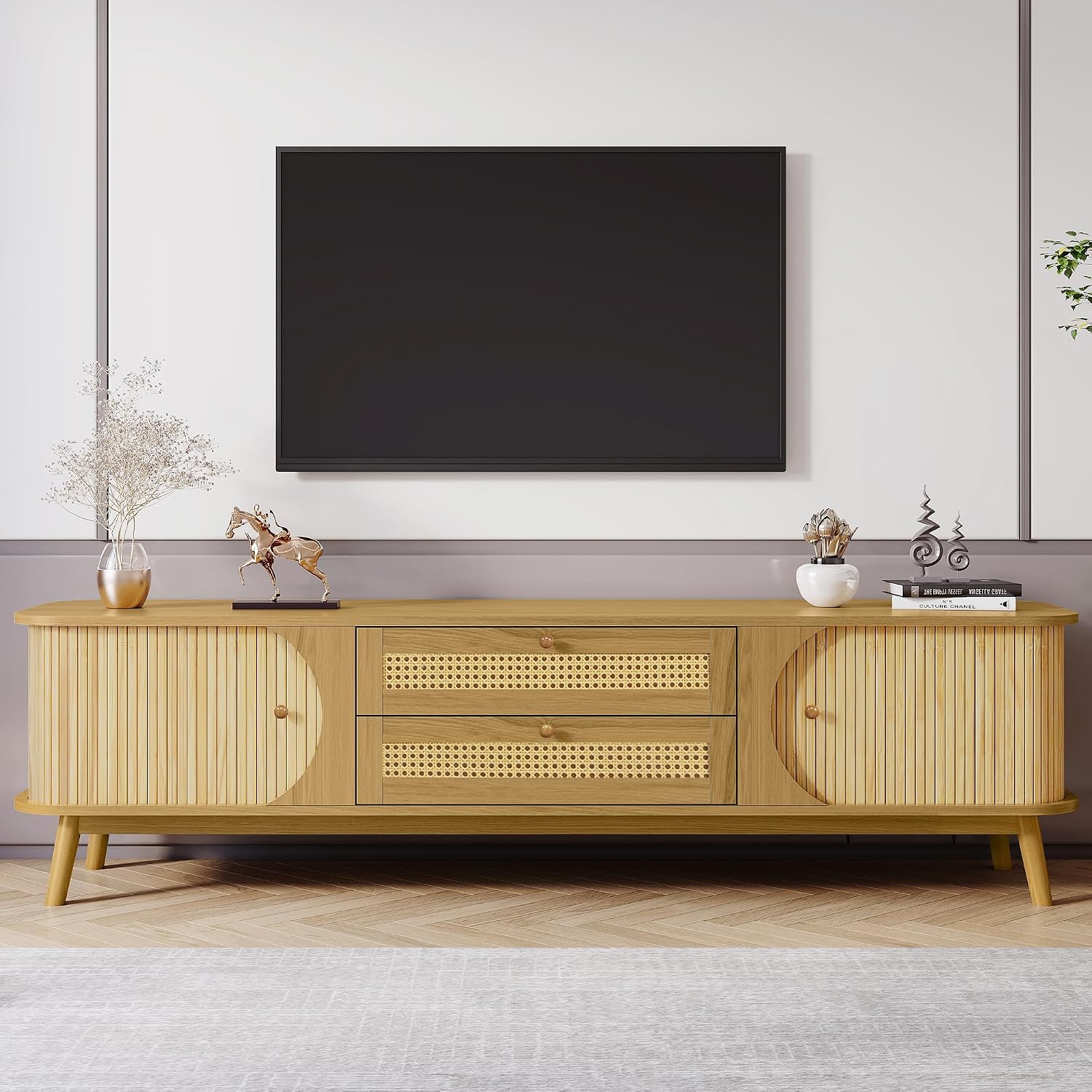 Merax Rattan TV Stand for TVs up to 75', Modern Farmhouse Media Console with Multi-Functional Storage, Boho Entertainment Center with Solid Wood Legs, Television Cabinet for Living Room, Natural+Wood