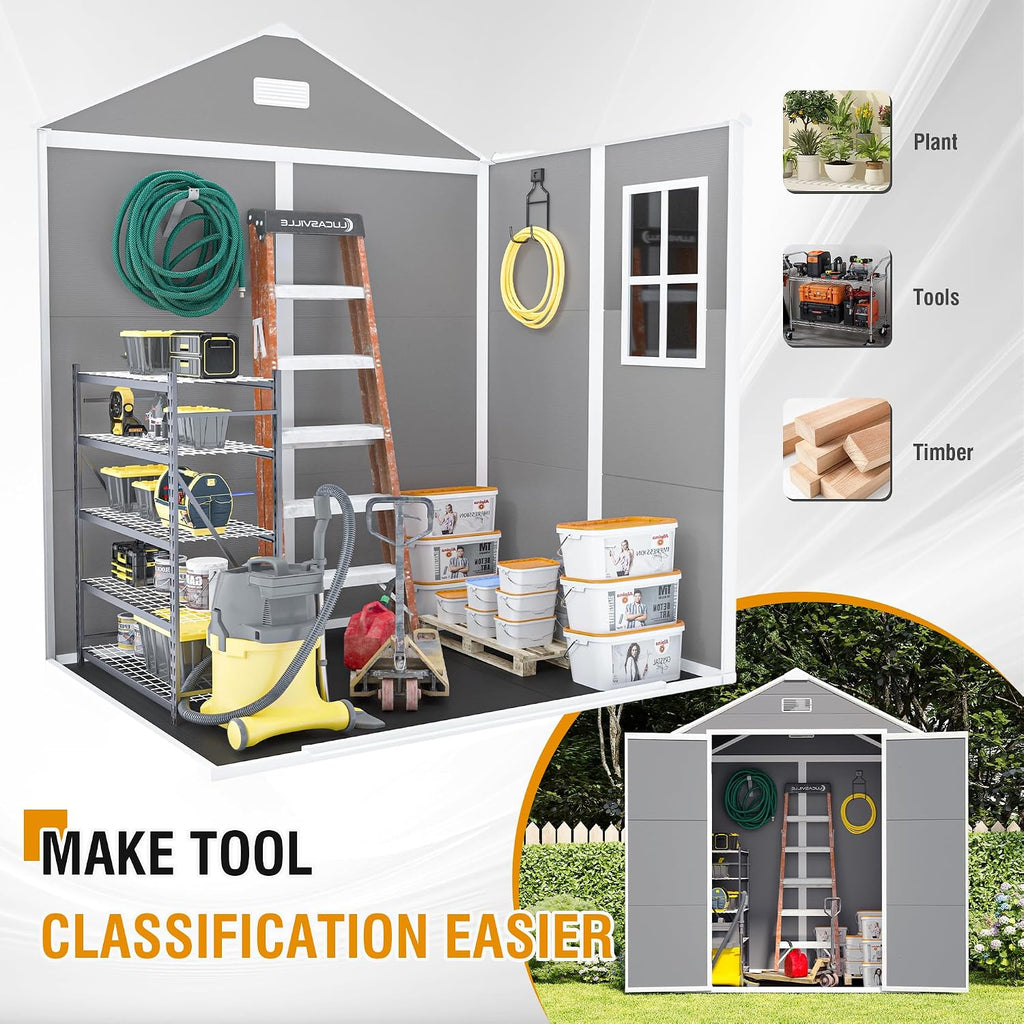 YOPTO 6x5 FT Resin Storage Shed,Garden House with Floor & Lockable Door,Waterproof Plastic Tool Sheds W/Slanting Roof Visual Window & Air Vents for Bicycles,Lawnmowers,Lawn,All Weather Use,Gray