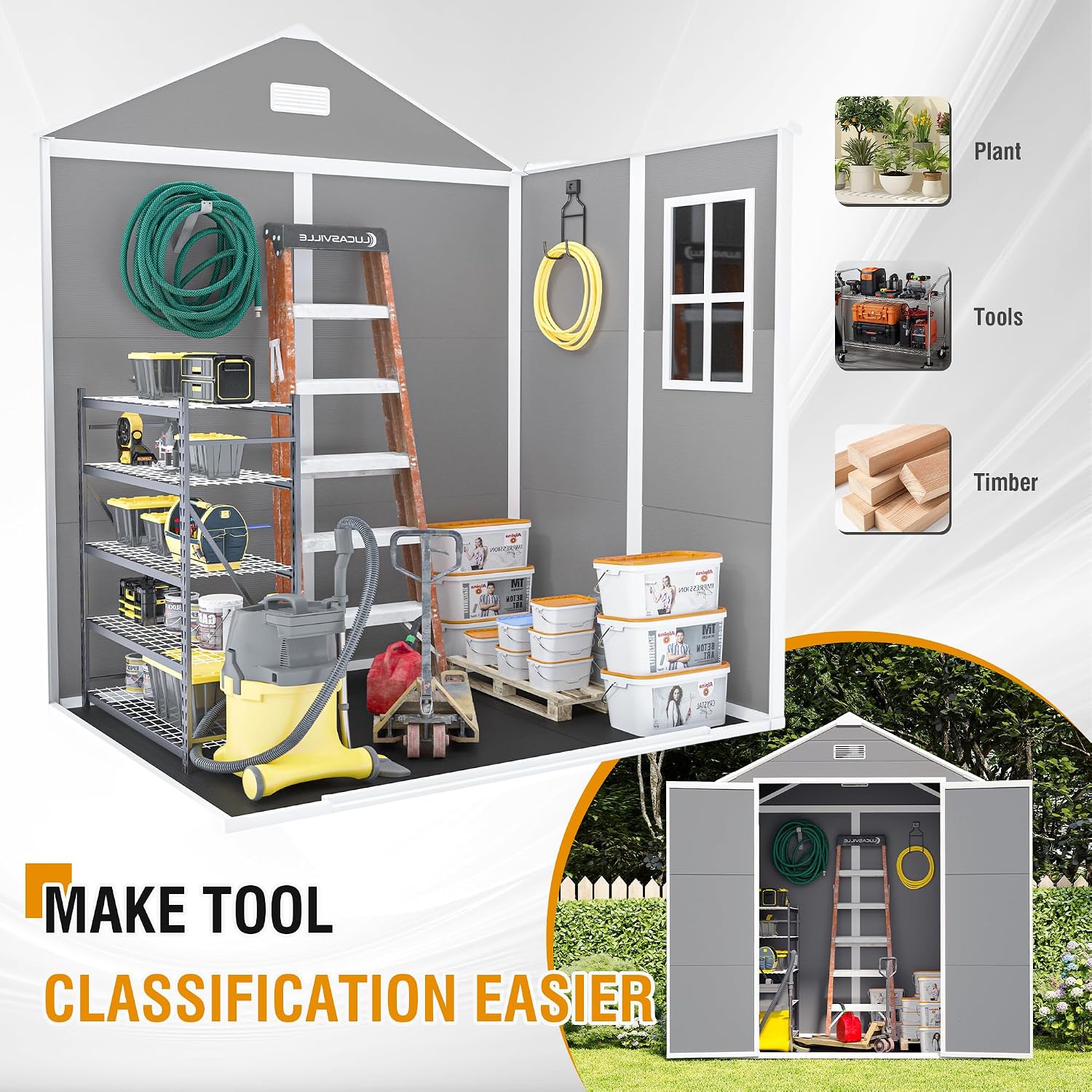 YOPTO 6x5 FT Resin Storage Shed,Garden House with Floor & Lockable Door,Waterproof Plastic Tool Sheds W/Slanting Roof Visual Window & Air Vents for Bicycles,Lawnmowers,Lawn,All Weather Use,Gray