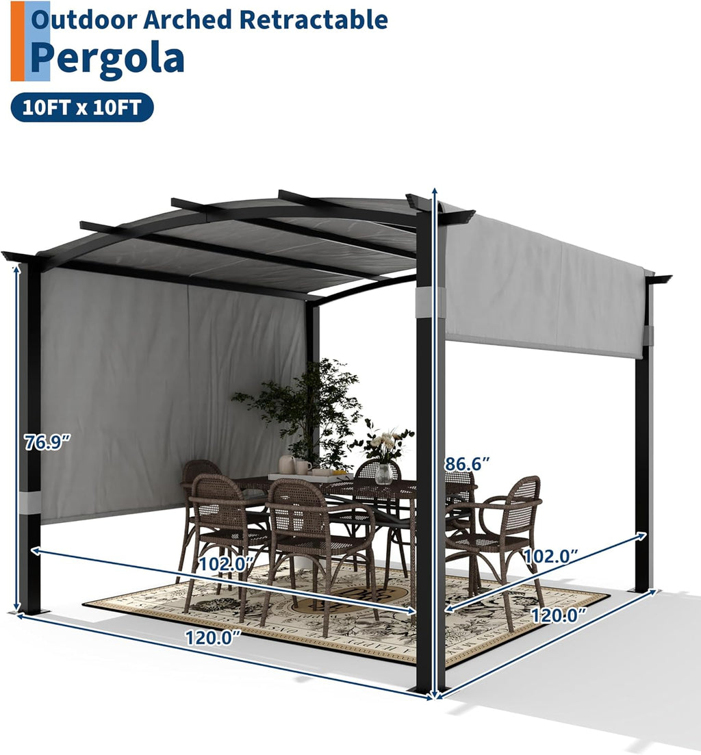 GarveeLife 10 ft x 10 ft Outdoor Arched Pergola, Metal Gazebo with Retractable Sun Shade for Backyards, Lawn, Patios (Grey)