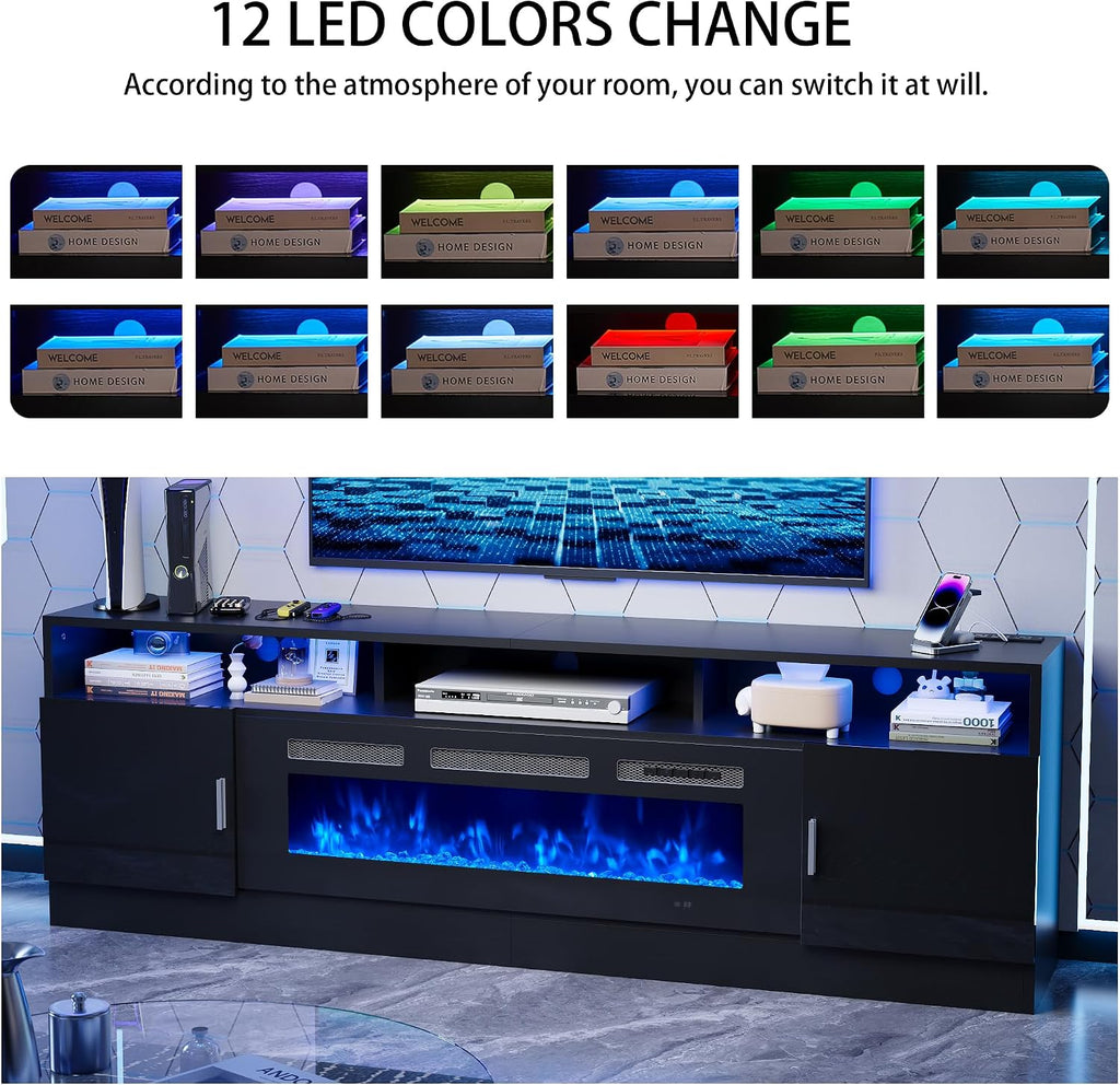 oneinmil 78' Fireplace TV Stand with Power Outlet for TVs Up to 90', Electric Fireplace Entertainment Center with LED Lights & Storage Cabinets, Media Console Table for Living Room