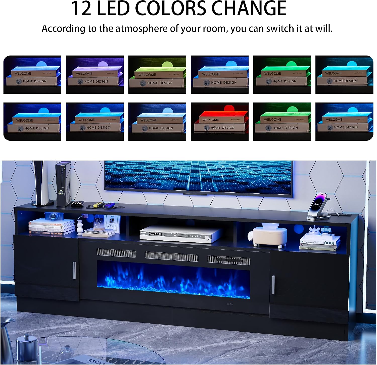 oneinmil 78' Fireplace TV Stand with Power Outlet for TVs Up to 90', Electric Fireplace Entertainment Center with LED Lights & Storage Cabinets, Media Console Table for Living Room