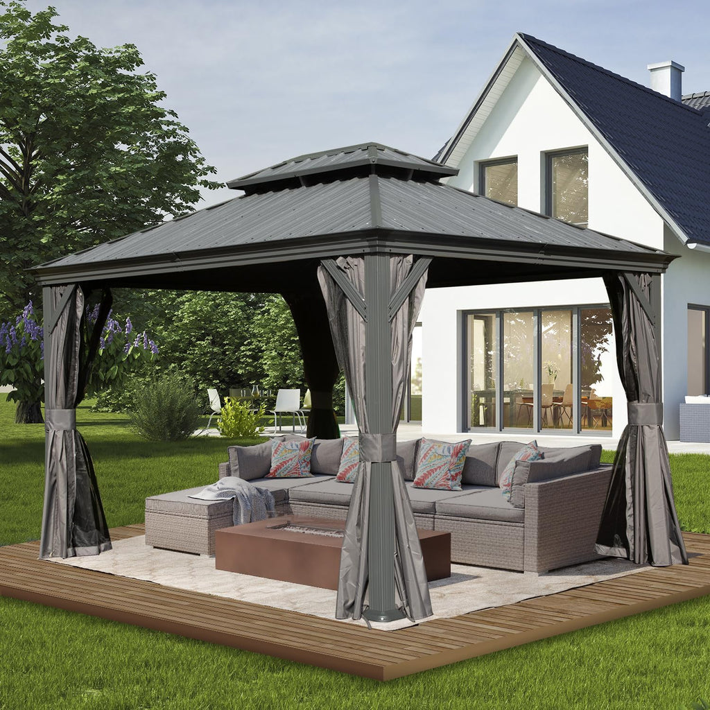 Domi Hardtop Gazebo 10x12FT, Outdoor with Galvanized Steel Double Roof, Metal Gazebo with Drainage System, Detachable Curtain and Netting, Metal Pavilion for Patio Deck Garden, Gray