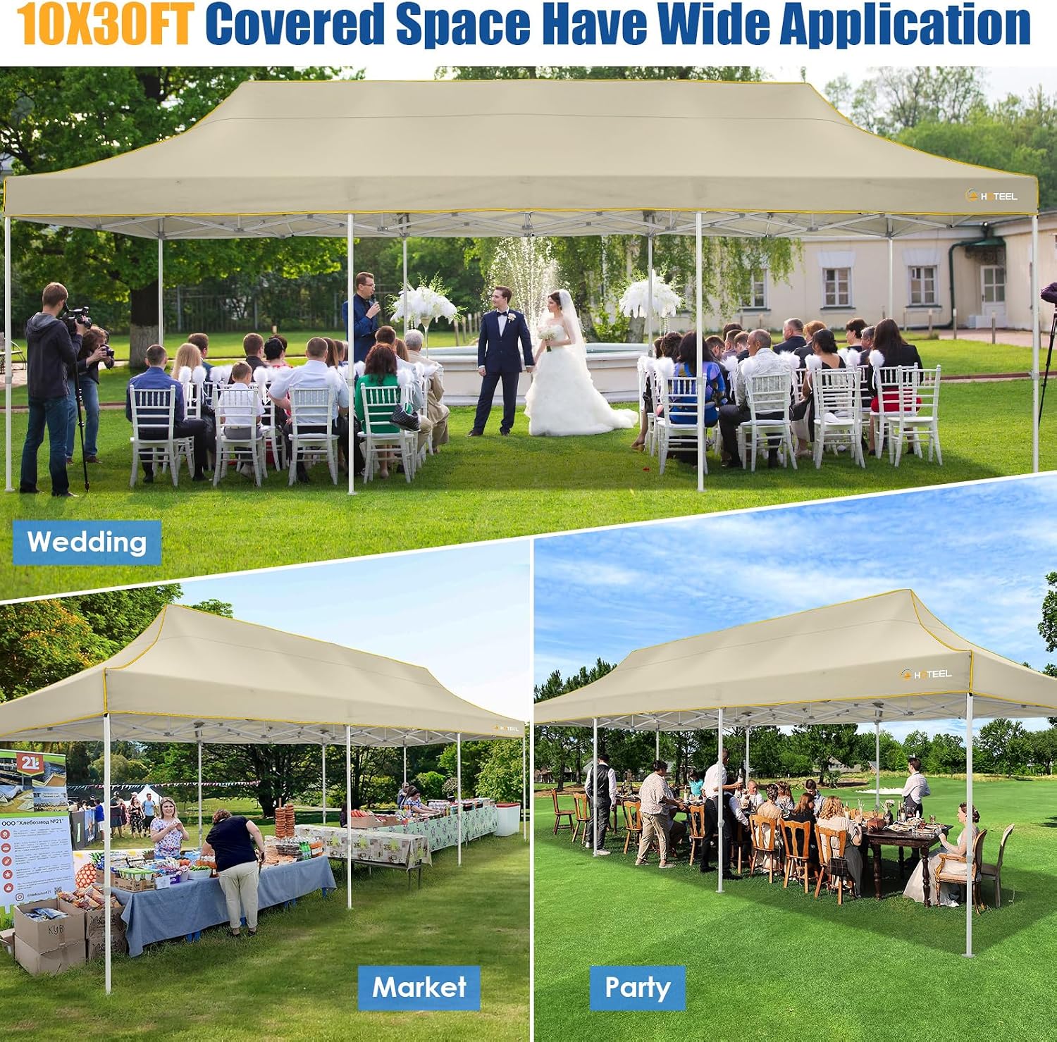 HOTEEL 10x30 Heavy Duty Pop up Canopy Tent Without Sidewalls, Easy Setup Outdoor Commercial Instant Tent for Parties Wedding Event, with Portable Bag, Khaki(Hexagonal Frame)