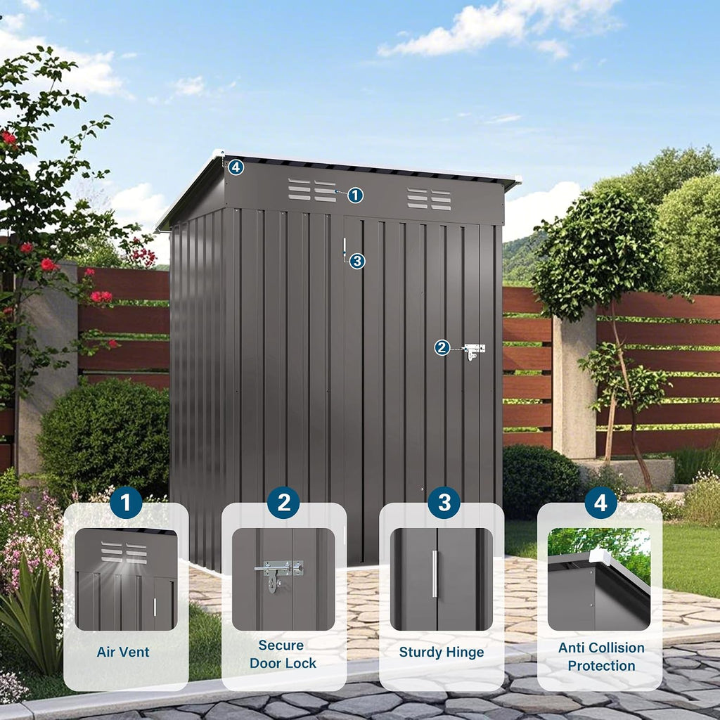 5x3 FT Metal Outdoor Storage Shed, Compact Garden Tool Organizer with Pitched Roof and Lockable Door, Weather-Resistant Small Metal Shed for Backyard, Patio, Balcony and Bike Storage, Gray