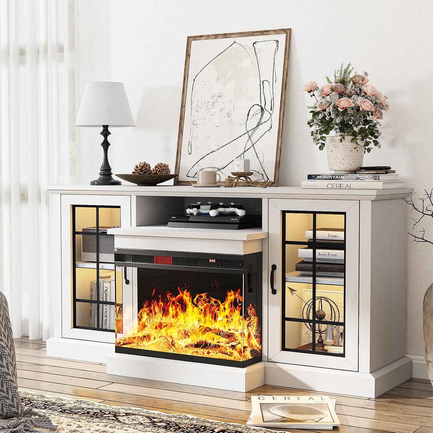 oneinmil 59'' Fireplace TV Stand, 3 Sided Glass Media Entertainment Center Console Table for TVs up to 65'' with Glass Door Adjustable Flame LED Color for Living Room, Set of TV Table, White