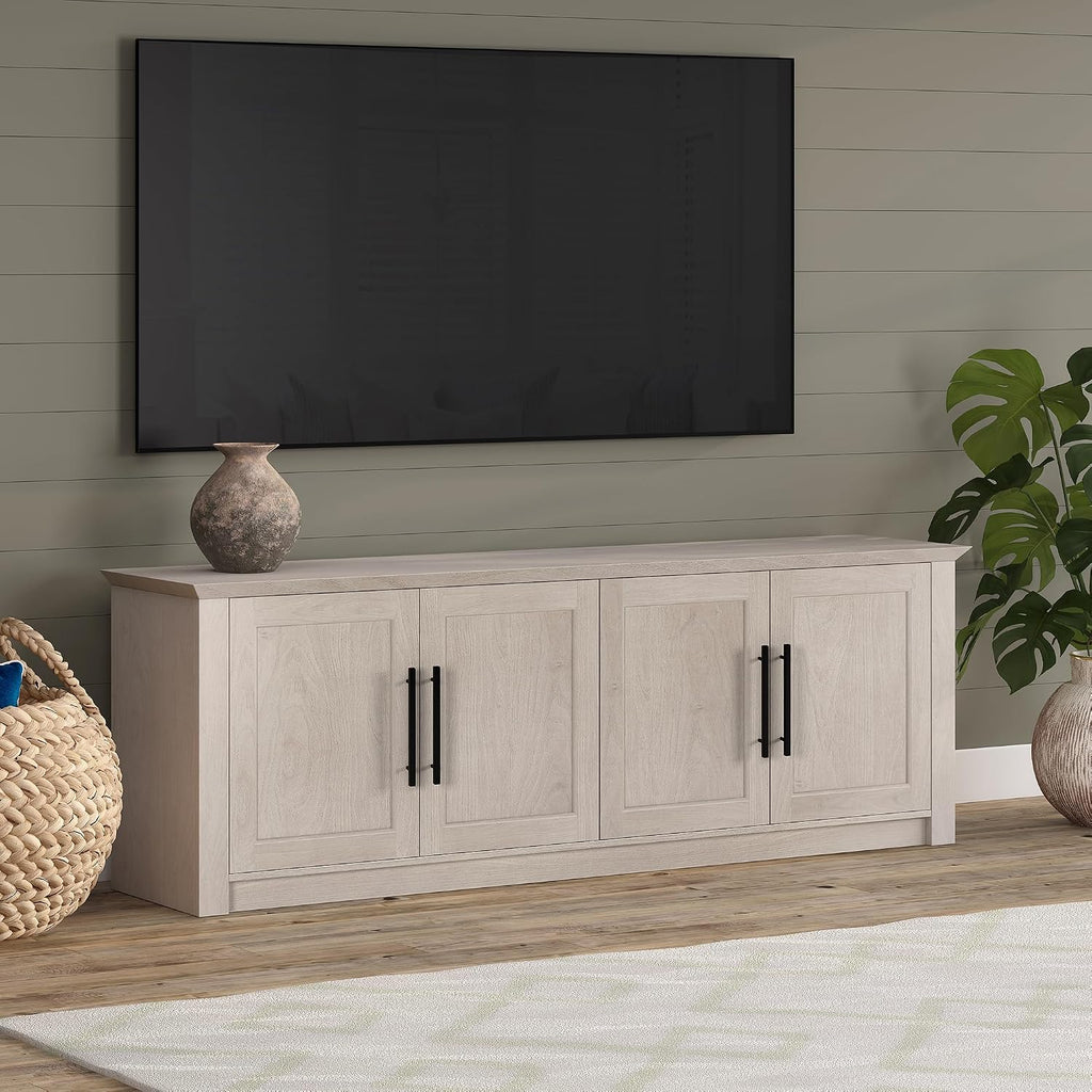 Henn&Hart TV Stand for TVs up to 78' with 2 Conceal Storage Cabinets and Adjustable Shelves for Living Room, Family Room, or Office, Beech White