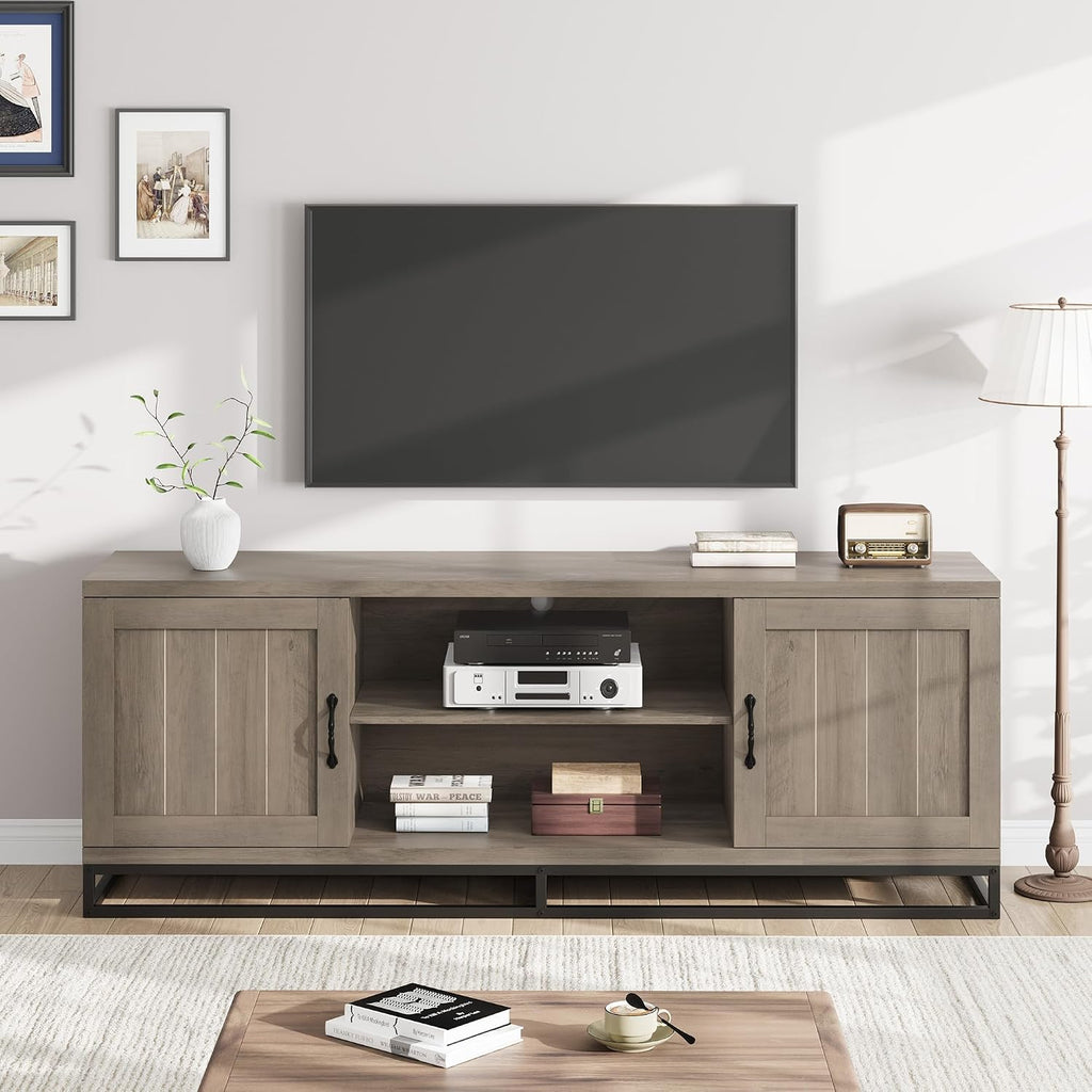 IDEALHOUSE Farmhouse TV Stand for Living Room, Entertainment Center with 2-Tier Adjustable Shelves & Metal Leg, Wooden TV & Media Console Table for 75 Inch with Storage Compartments, Gray