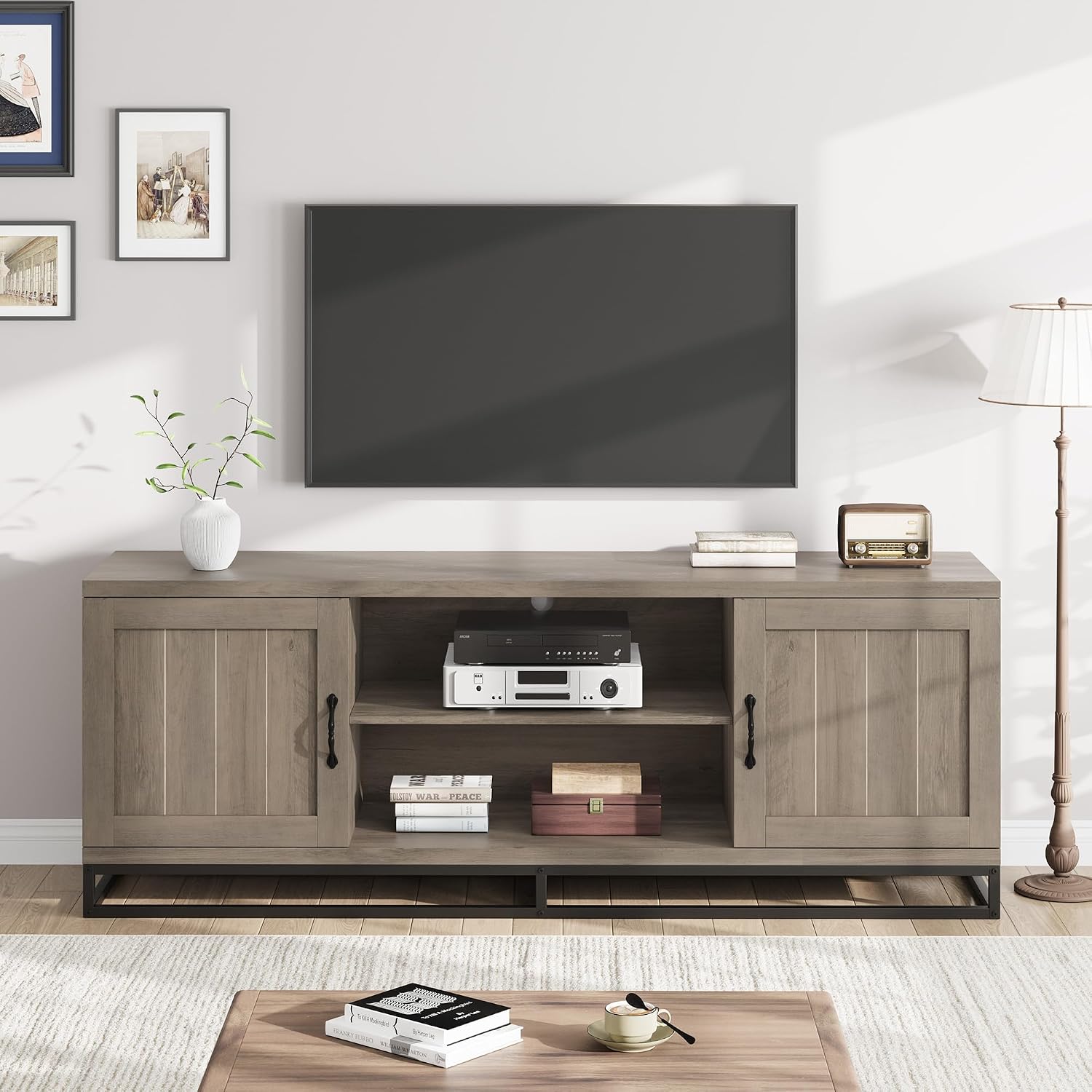 IDEALHOUSE Farmhouse TV Stand for Living Room, Entertainment Center with 2-Tier Adjustable Shelves & Metal Leg, Wooden TV & Media Console Table for 75 Inch with Storage Compartments, Gray