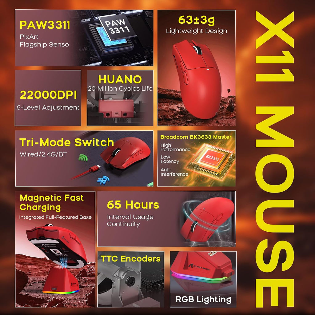 ATTACK SHARK X11 Mouse and X60 HE Keyboard Wireless Gaming Combo,Magnetic Switch,8K Polling Rate,Hall Effect,Rapid Trigger,PAW3311 Optical Sensor,22K DPI,Lightweight-Red