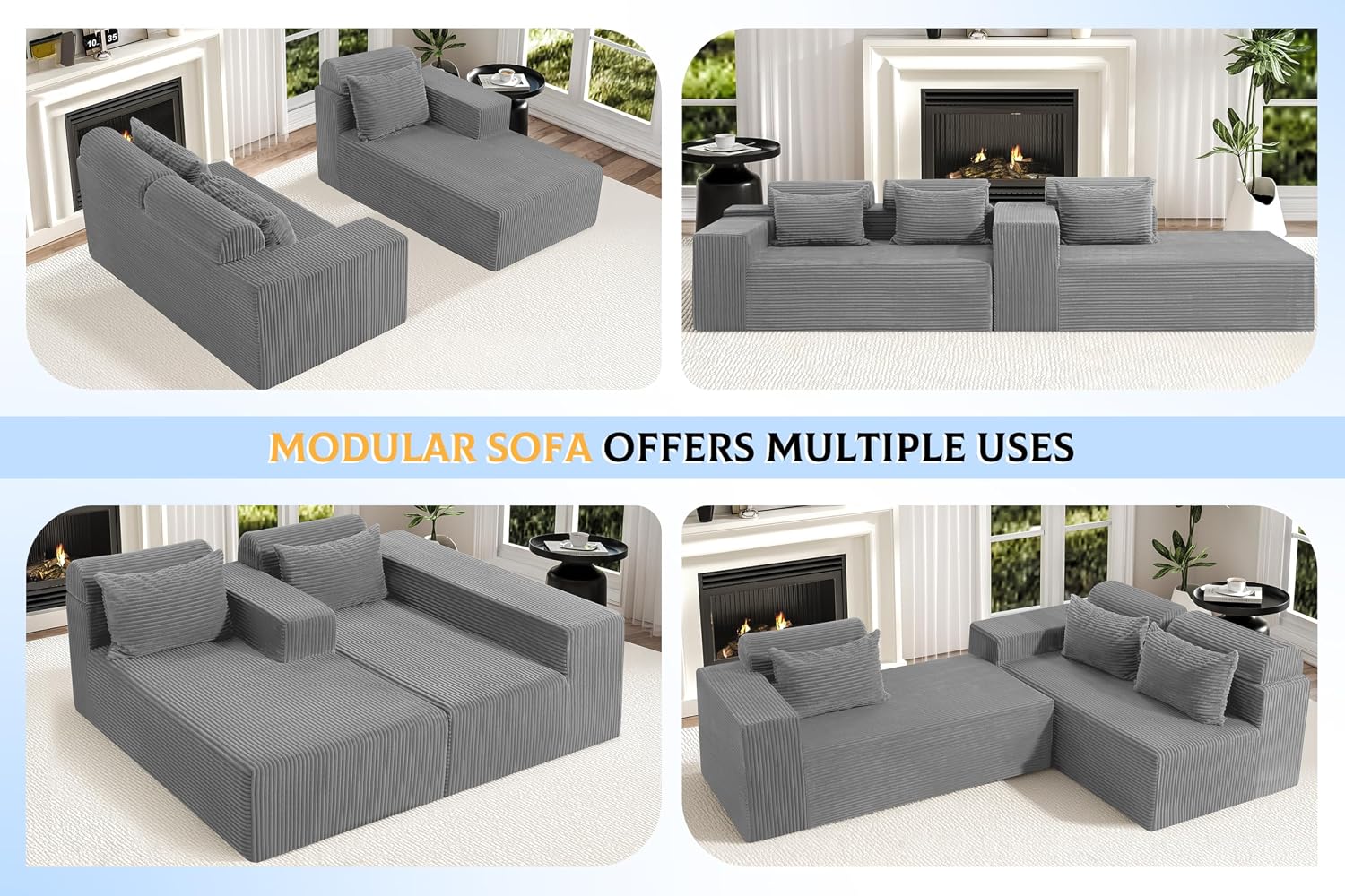 Homguava Modular Sectional Couches for Living Room,105' Cloud Couch with L-Shape Chaise,Comfy Sofa Living Room Sofas with Deep Seat,No Assembly L Couch,Corduroy Fabric(Light Grey,R)