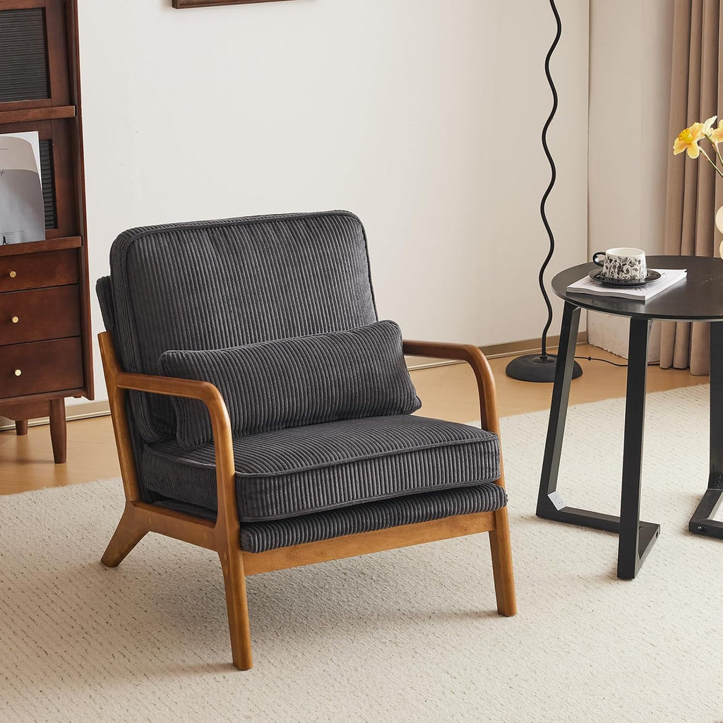 Karl home Mid-Century Modern Accent Chair, Living Room Chairs with Pillow Corduroy Upholstered Lounge Armchair with Solid Wood Frame & Soft Cushion for Bedroom, Reading Room, Dark Gray