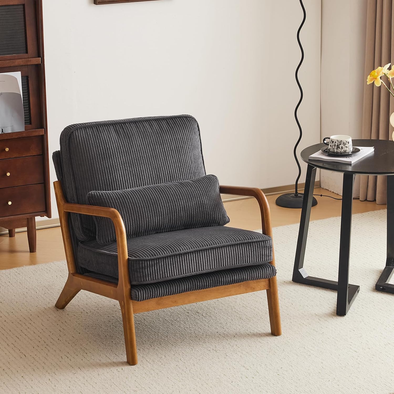 Karl home Mid-Century Modern Accent Chair, Living Room Chairs with Pillow Corduroy Upholstered Lounge Armchair with Solid Wood Frame & Soft Cushion for Bedroom, Reading Room, Dark Gray
