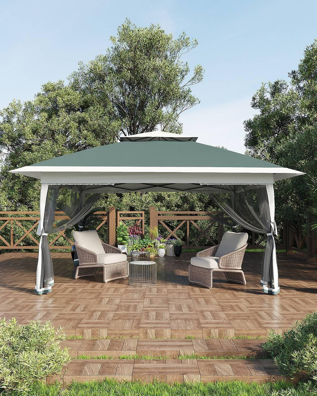 Garveelife Canopy Tent 13x13, Pop Up Gazebo Tent Easy Setup with 4 Sand Bags for Backyard Garden Patio, Mosquito Netting & Height Adjustable - Green