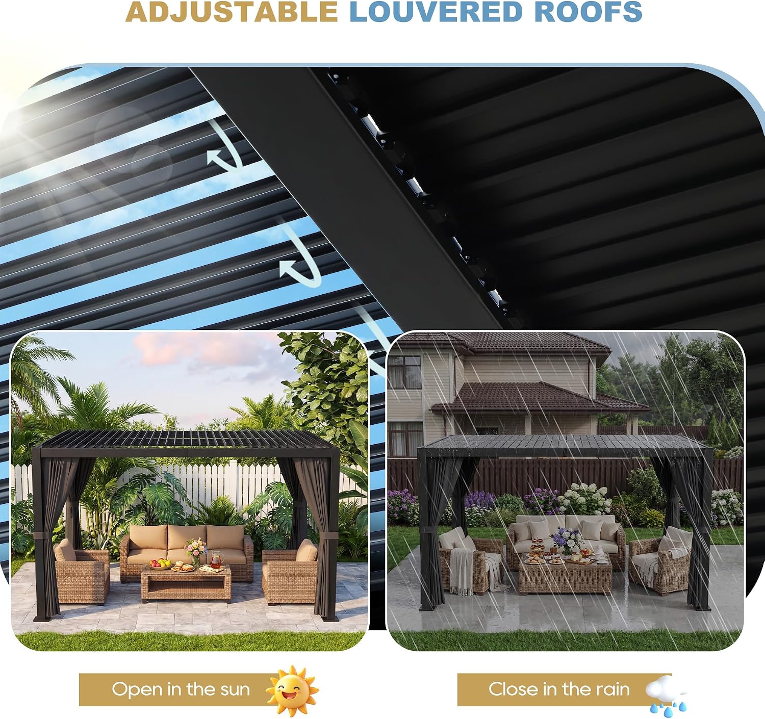 10' ×13' Aluminum Louvered Pergola, Outdoor Pergola with Curtains & Netting, Outdoor Hardtop Gazebo with Adjustable Roof, All-Weather Metal Pergola for Patio, Garden, Deck (Black with Curtain)