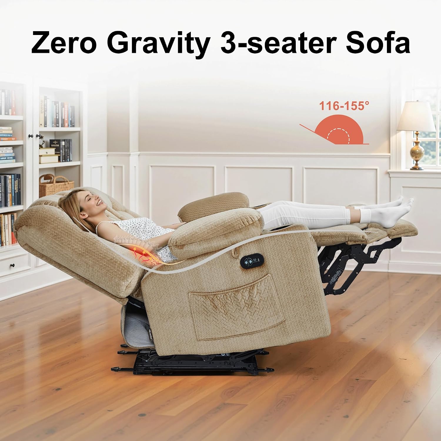 MCombo Zero Gravity Power Reclining Sofa with Heat and Vibration Massage, 3 Seater Reclining Couch with USB Ports, Cup Holders for Living Room, Fabric PR648SET (Beige)