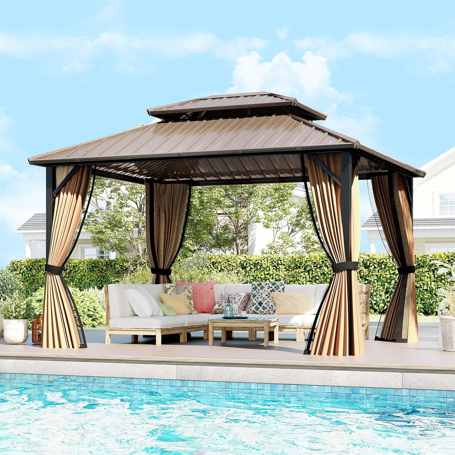 Tangkula 10x12 FT Hardtop Gazebo, Aluminum Frame Permanent Pavilion with Curtains, Netting, Heavy-Duty Double-Tier Galvanized Metal Roof, Outdoor Gazebo for Patios Garden Deck Lawn Backyard