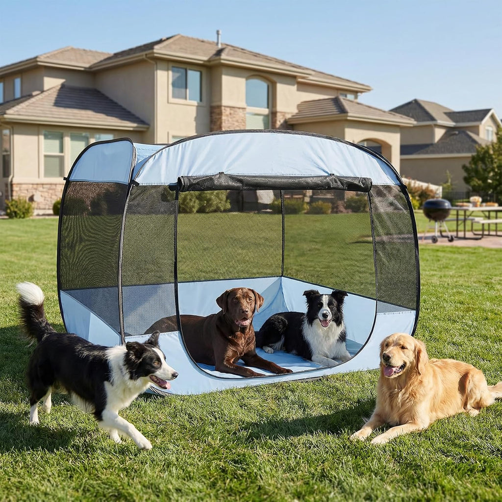 EighteenTek XLarge Popup Portable Dog Houses, 5.3'x4'H Assembly-Free Gazebo-Style Dog Cot Cat Playpen Screen Pet Tent Sun Shade Shelter Dog Bed with Canopy for Outdoor, Anti-Bugs with Leakproof Bottom