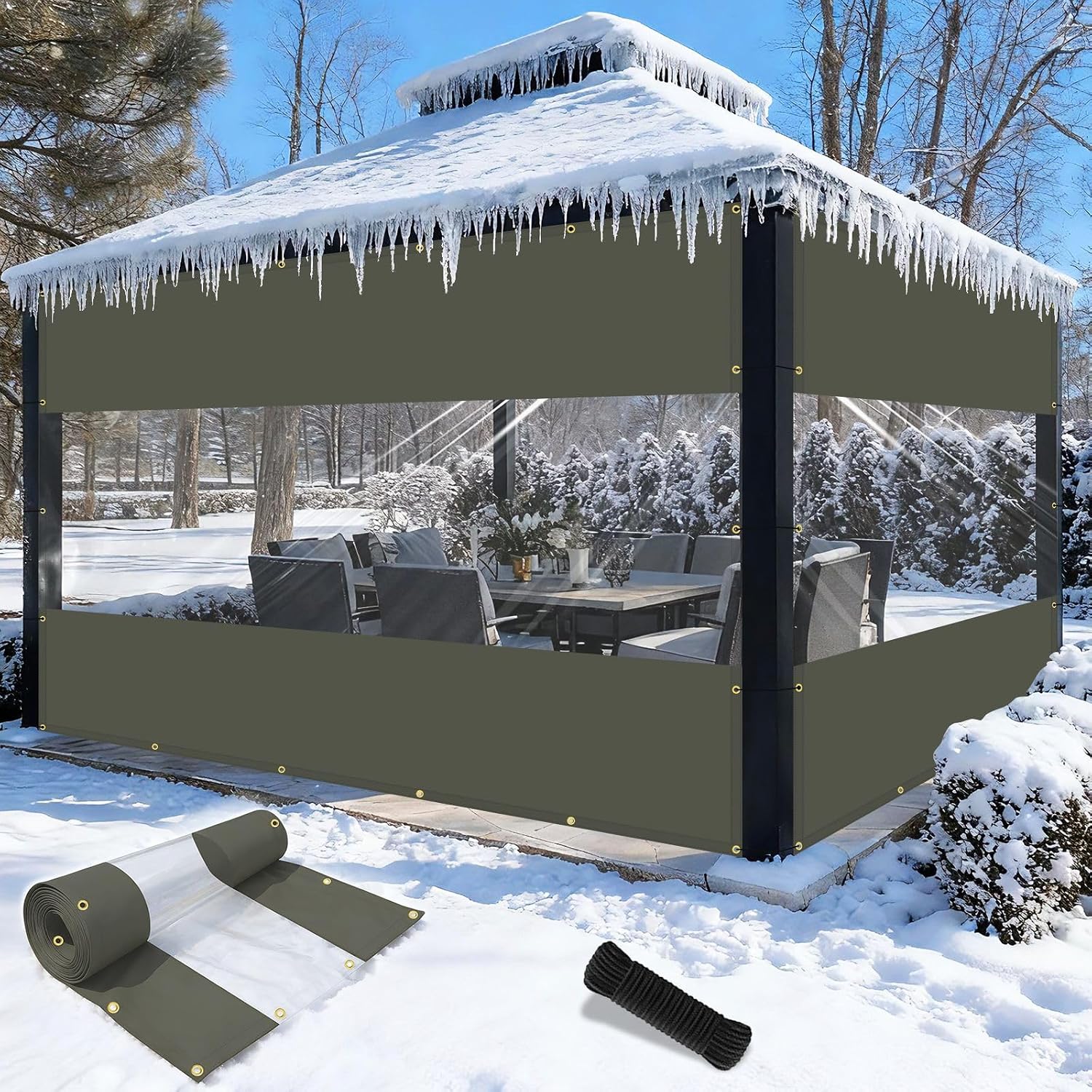 Shade&Beyond Outdoor Vinyl Curtain, 9'W x 16'L Heavy Duty Clear Tarp with Grommets Waterproof, Privacy Clear Panel UV-Resistant for Pergola Gazebos Porch Enclosure Patio(Customized Size, Gray)