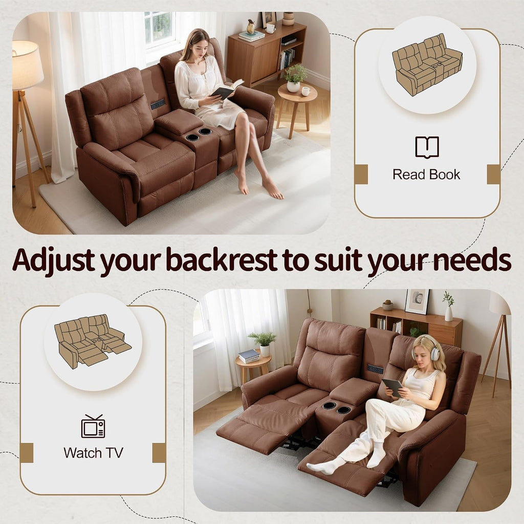 Korser Loveseat Recliner Sofa, Reclining Loveseat Couch, Reclining Couch with Console, USB Port, US Outlets, and Cup Holders, 2-Seater Sofa for Living Room
