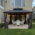 PURPLE LEAF 12'x12' Hardtop Gazebo with Lights Heavy-Duty Galvanized Steel Double Roof Outdoor Patio Gazebo Including Netting and Curtains for Garden Lawn Backyard Grey