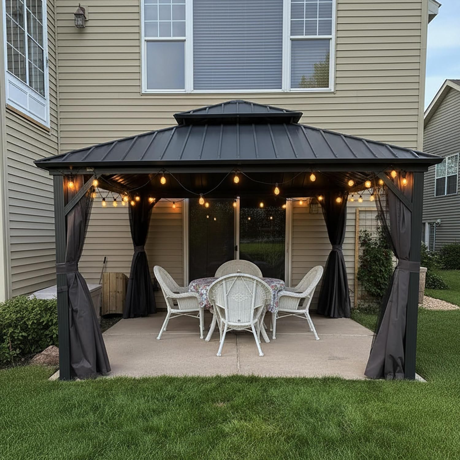 PURPLE LEAF 12'x12' Hardtop Gazebo with Lights Heavy-Duty Galvanized Steel Double Roof Outdoor Patio Gazebo Including Netting and Curtains for Garden Lawn Backyard Grey