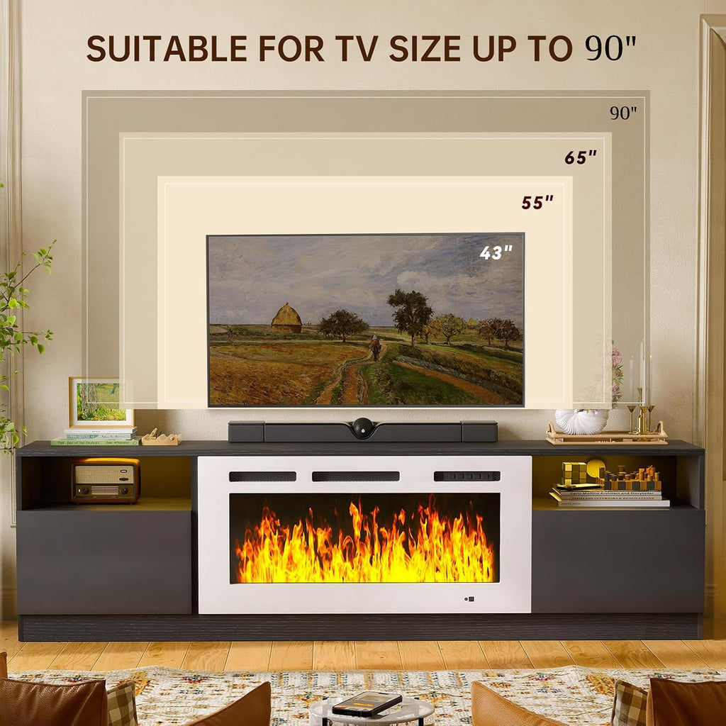 MXV 80' Fireplace TV Stand for TVs Up to 90', LED Light Entertainment Center with 36' Electric Fireplace, Modern Wood Texture TV Media Console with Highlight Storage Cabinet, Black-White