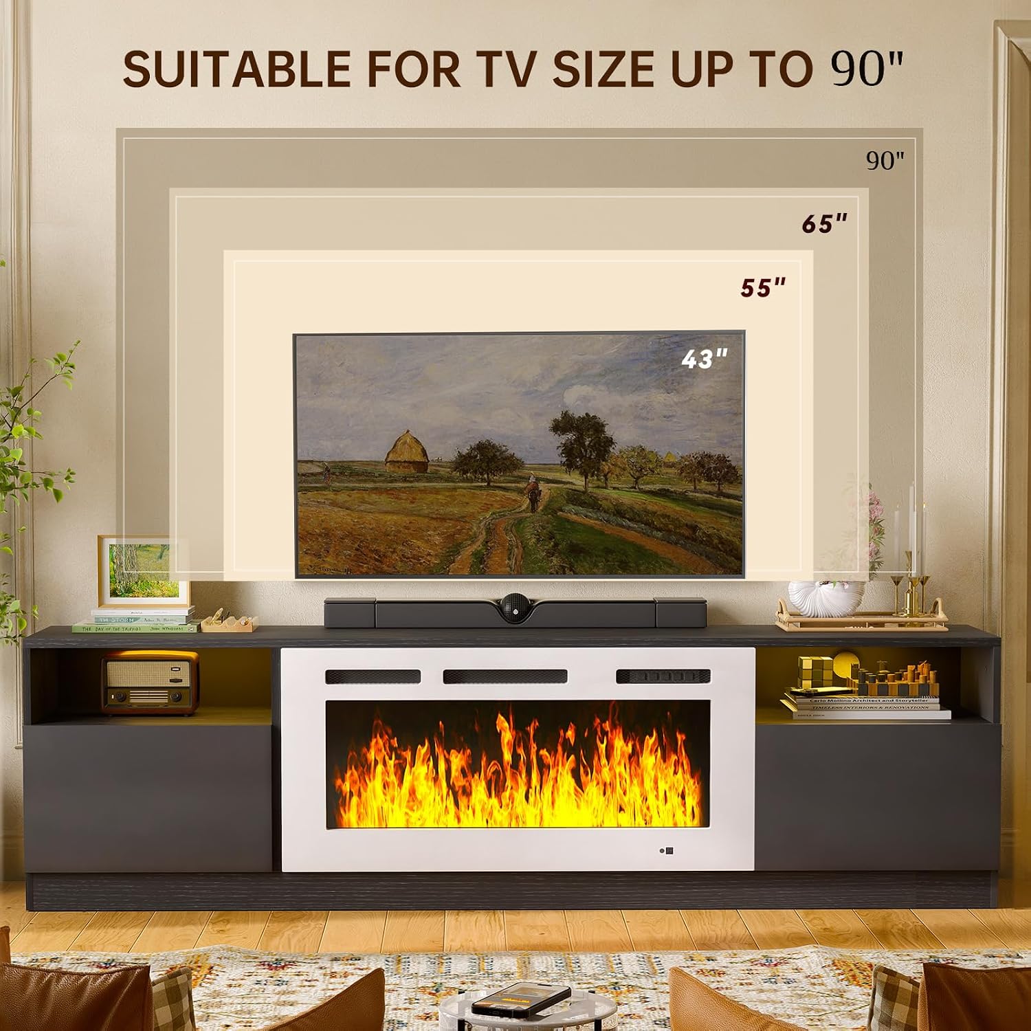 MXV 80' Fireplace TV Stand for TVs Up to 90', LED Light Entertainment Center with 36' Electric Fireplace, Modern Wood Texture TV Media Console with Highlight Storage Cabinet, Black-White