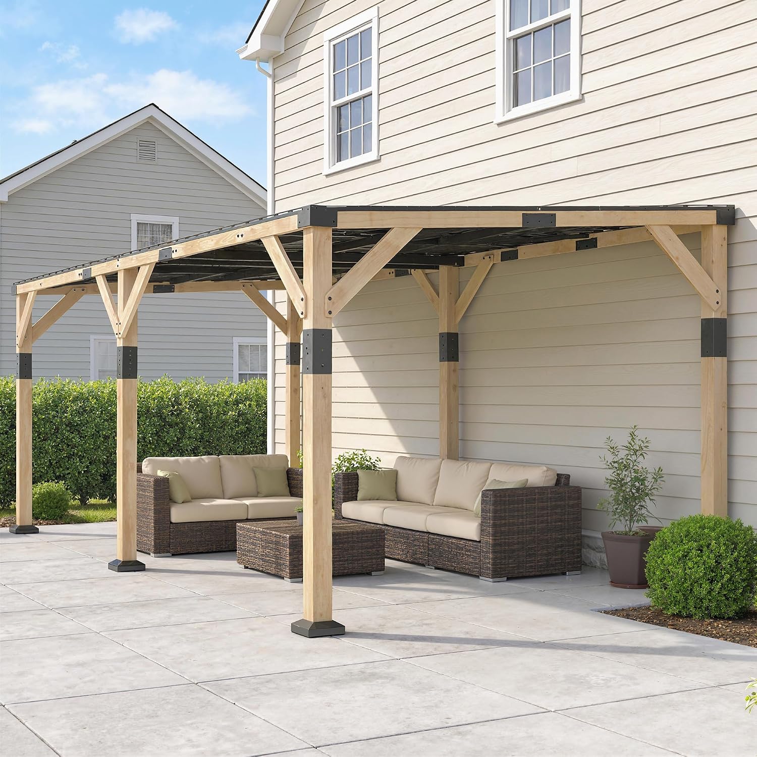 Outsunny 10' x 20' Wooden Gazebo, Hardtop Lean-to Gazebo Pergola with Galvanized Steel Sloped Roof, Large Heavy Duty Awning for Patio, Deck, Backyard, Light Walnut