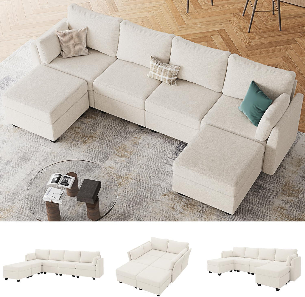 114.17' Modular Sectional Sofa, 6 Seat Sectional Couches with Storage, Memory Foam, Convertible Modular Couch for Living Room, U Shaped Comfy Modular Sofa with Chaise, Beige