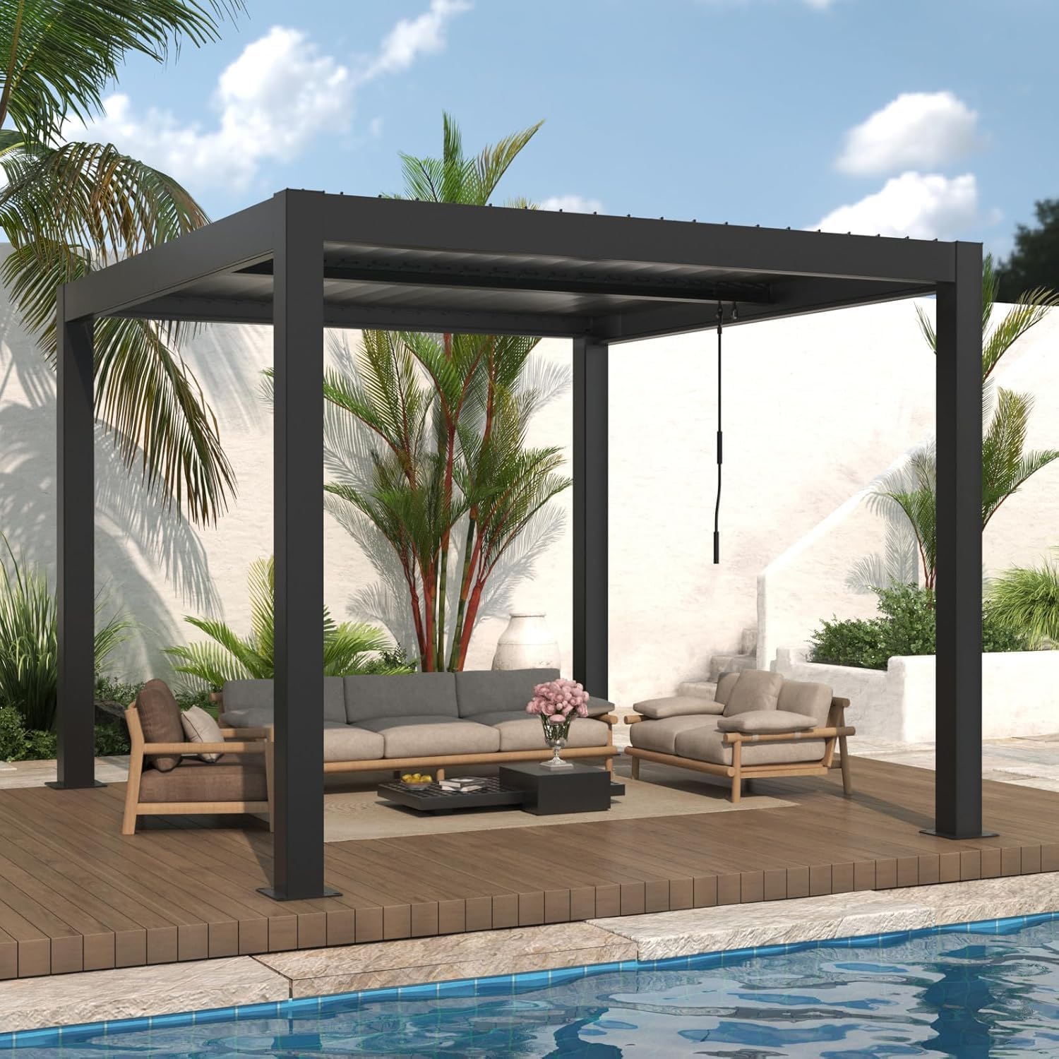 LVUYOYO Outdoor Louvered Pergola 10' x 10', Patio Aluminum Pergola with Adjustable Roof, Metal Gazebo for Backyard, Garden, Deck(Black)