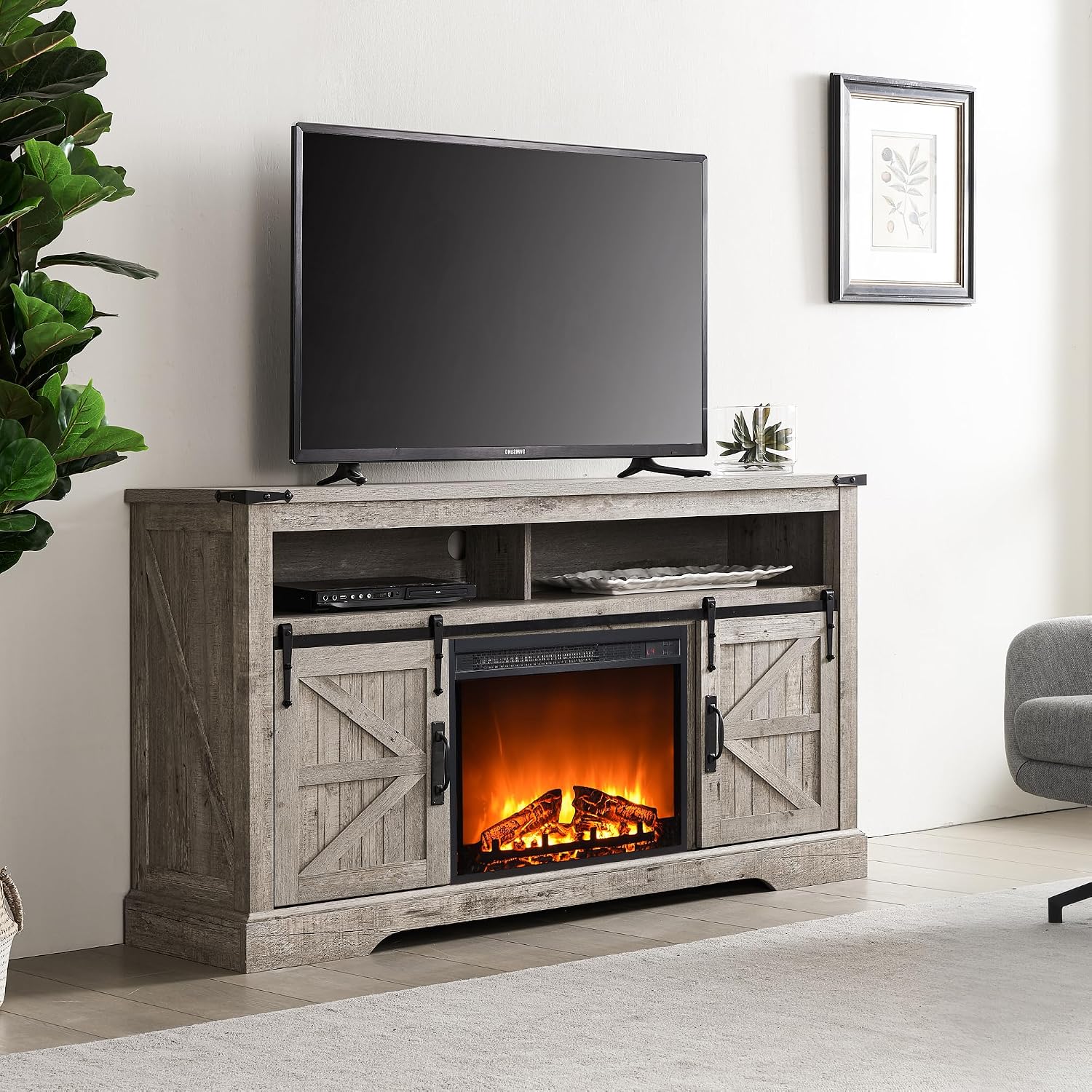 OKD Fireplace TV Stand for 65+ Inch TV, 33' Tall Highboy Farmhouse Entertainment Center w/ 23'' Electric Fireplace, Rustic Media Console w/Sliding Barn Door for Living Room, Light Rustic Oak