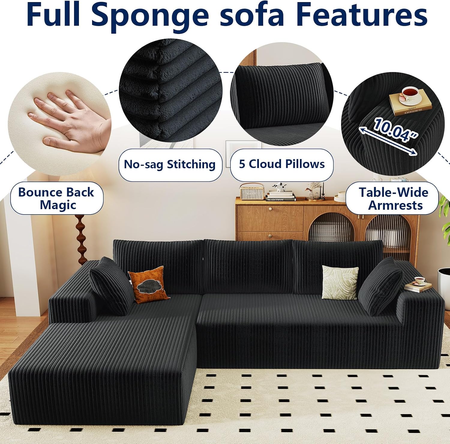 96' Modular Sectional Sofa, Modern Corduroy Cloud Couch with Deep Seat, Boneless Couch Upholstered 3-Seater L-Shaped Sofa for Living Room, No Assembly Required (Black, Left-Facing Chaise)