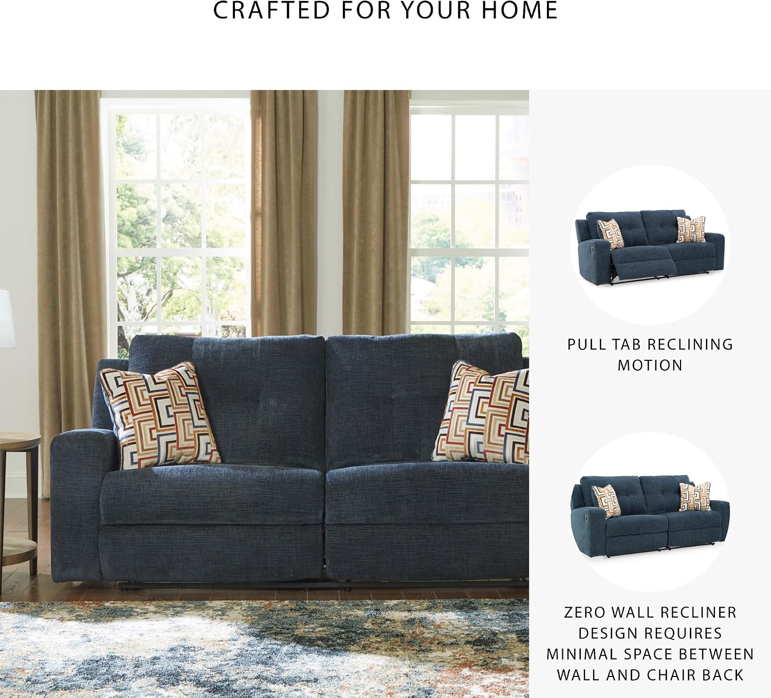 Signature Design by Ashley Danum Modern Manual Pull Tab Reclining Sofa with Tufed Back Cushion, Blue