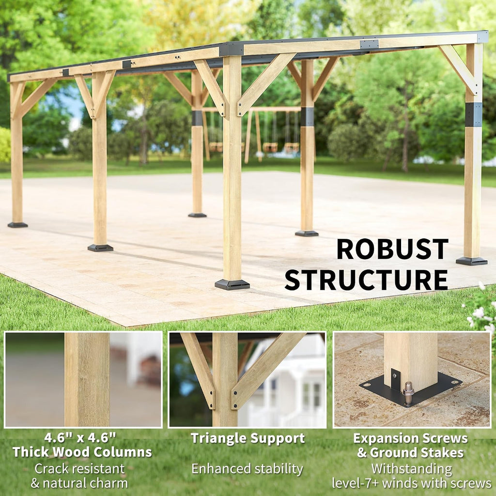 Outsunny 10' x 20' Wooden Gazebo, Hardtop Lean-to Gazebo Pergola with Galvanized Steel Sloped Roof, Large Heavy Duty Awning for Patio, Deck, Backyard, Light Walnut