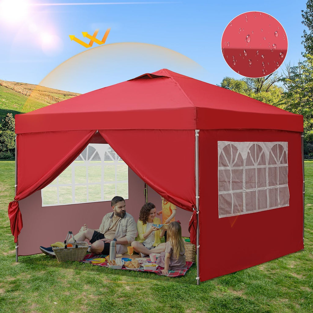 GDY 10x10ft Pop Up Canopy Tent with Sidewalls, Outdoor Canopy Tent, Beach Tent, Easy Set up Gazebo for Events, Parties, Camping, Red.