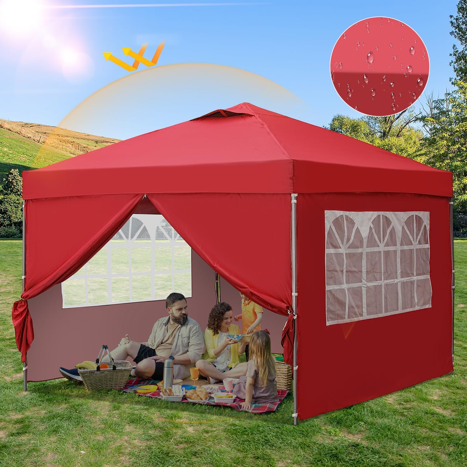 GDY 10x10ft Pop Up Canopy Tent with Sidewalls, Outdoor Canopy Tent, Beach Tent, Easy Set up Gazebo for Events, Parties, Camping, Red.