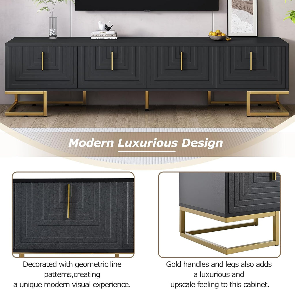ON-TREND Modern TV Stand with Metal Legs and Gold Handles for TVs Up to 80'', Media Console Table with Cabinets and Adjustable Shelves, Luxury TV Cabinet with Geometric Lines for Living Room, Black