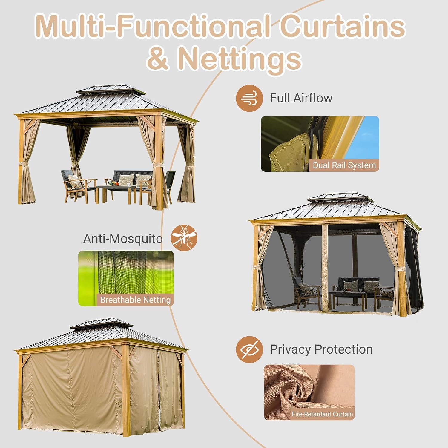 GOWE 10' X 14' Hardtop Gazebo Outdoor Metal Gazebo Canopy with Galvanized Steel Double Roof, Wood Grain Aluminum Frame, Curtains and Netting for Patio, Deck, Garden