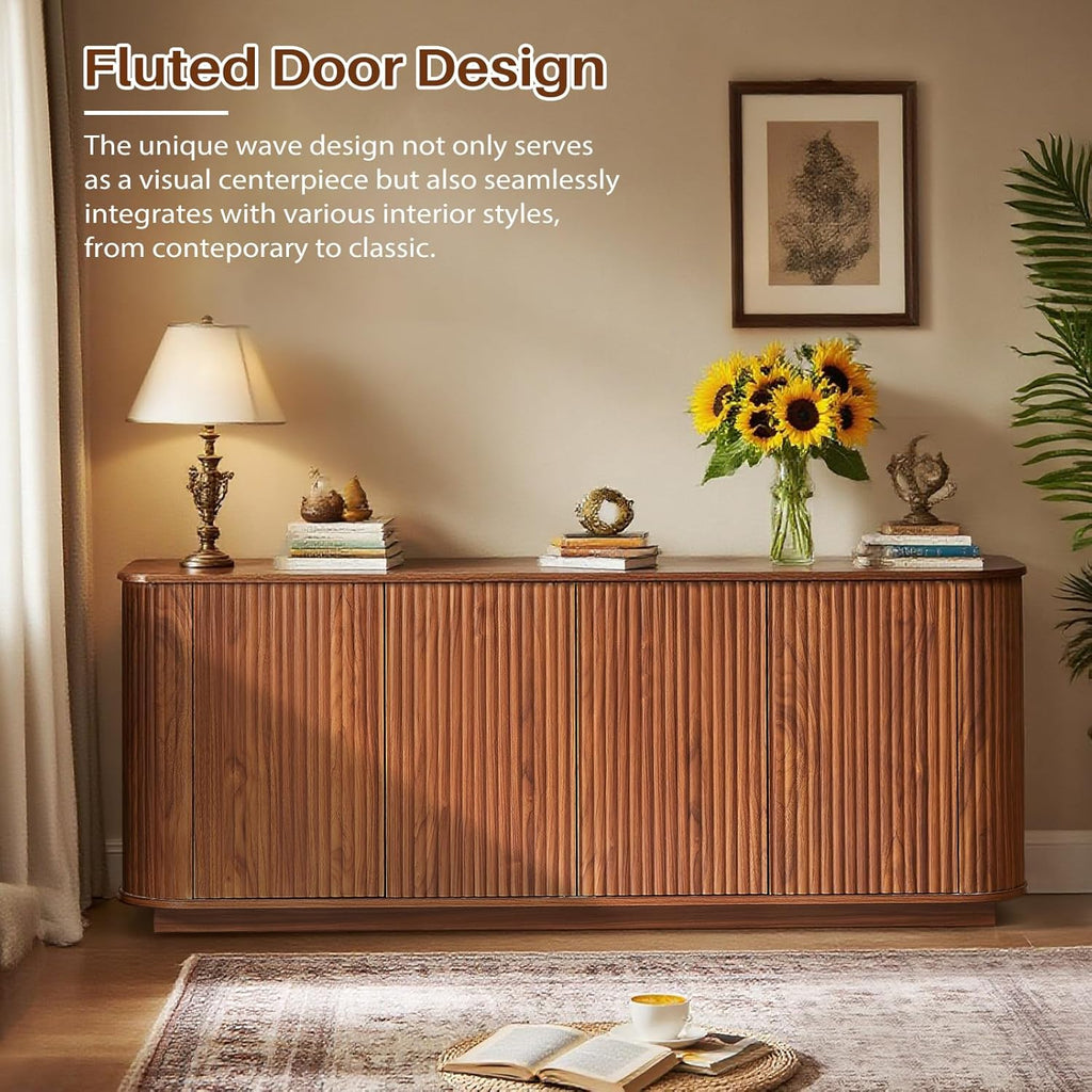 Fluted TV Stand for TVs Up to 75 Inch, Walnut Mid Century Modern TV Console for Living Room, Entertainment Center with Storage, Wood Media Console Cabinet