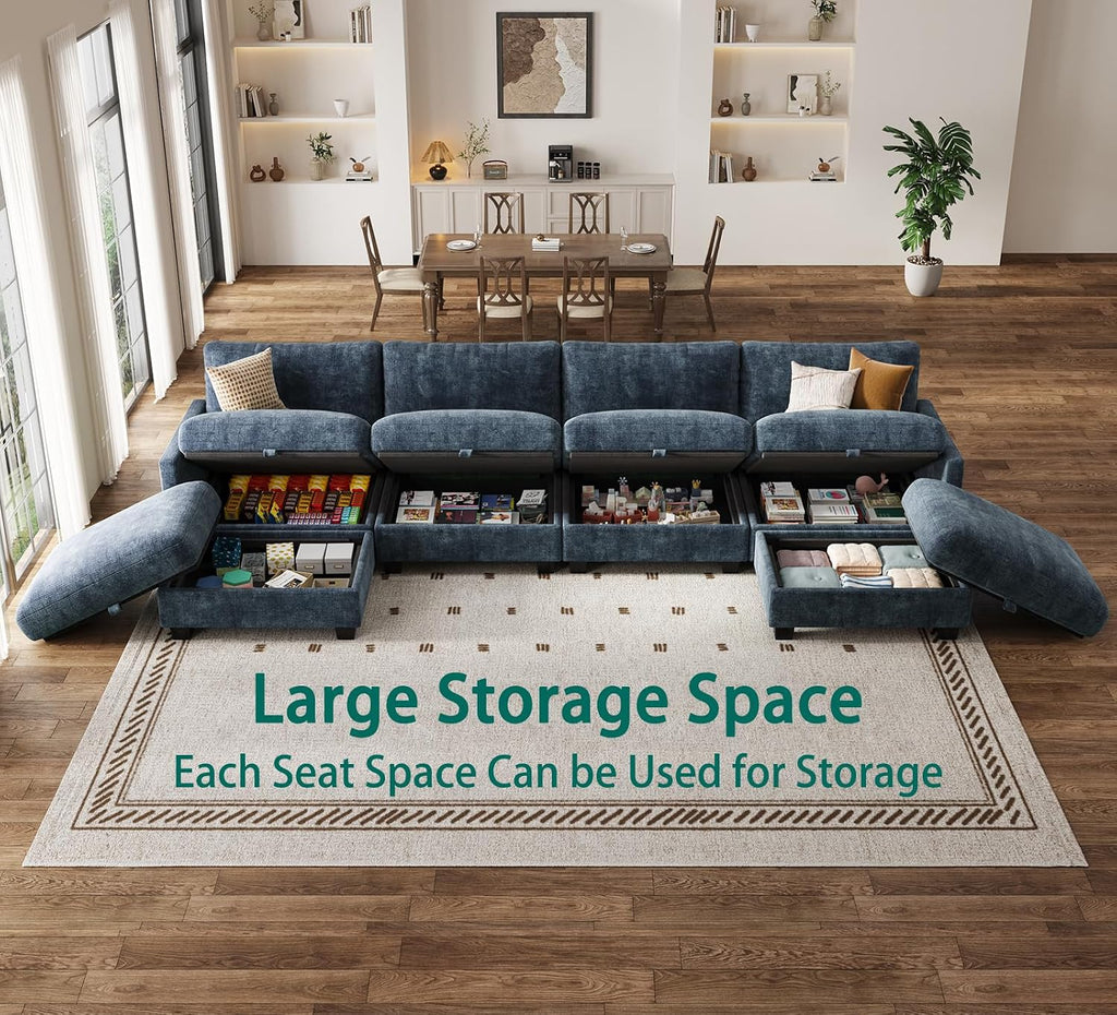 Modular Sectional U Shaped Sofa Couches for Living Room, Cloud Couch with Storage Ottoman, Comfy Chenille Sofa with Pillow, Blue