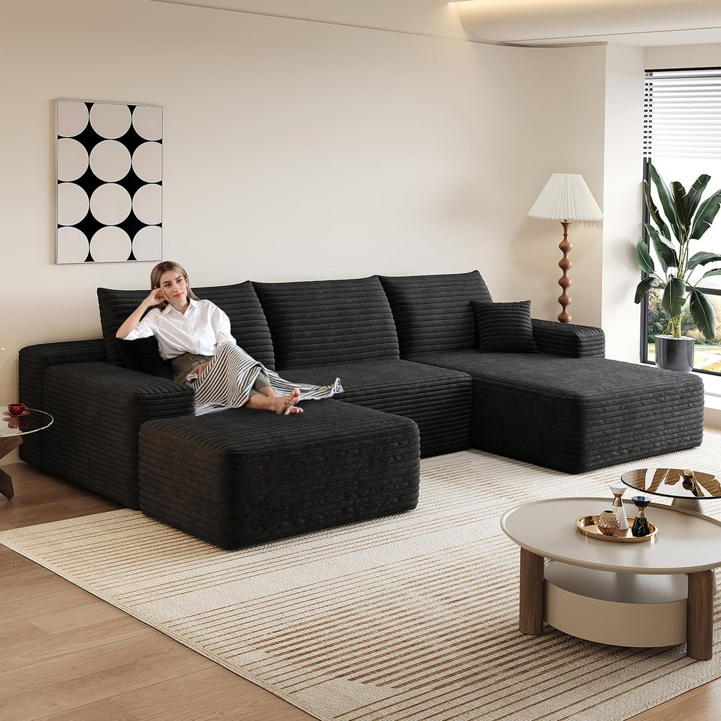 107.5' Comfy U-Shaped Sectional Modern Boneless Corduroy Couch with Chaise ‌and Ottoman‌ - No Assembly Required! Deep-Seat, Upholstered Modular Cloud Sofa for Living Room, Plush Corduroy Fabric(Black)