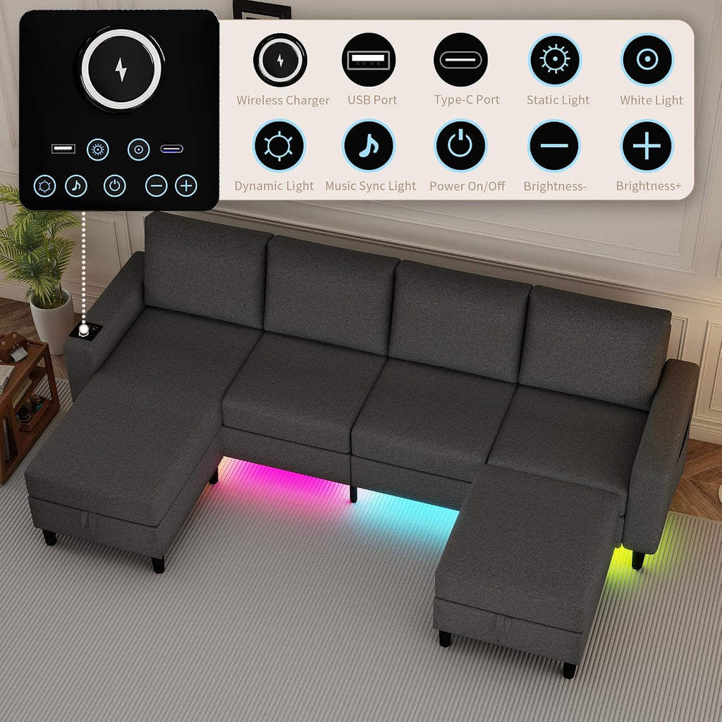 Sectional Couches for Living Room, 109' U Shaped Cloud Couch with Chaise Lounge/Storage Ottoman, 4 Seat Linen Sectional Sofa with Smart Module-Wireless Charging/USB/Type-C/RGB Lights (Dark Grey)