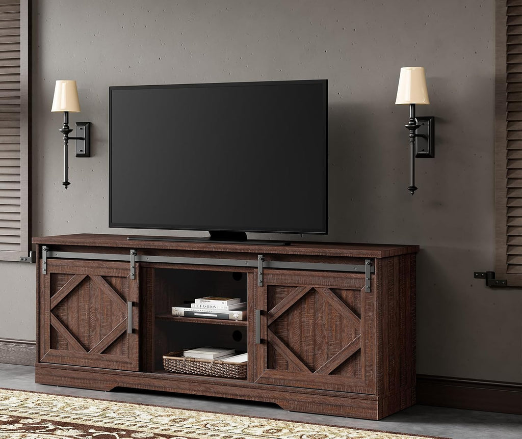 WAMPAT Modern Farmhouse 3 in 1 TV Stand for up to 95' TVs,Wood Media TV Console Table with Storage Cabinets and Sliding Barn Doors,Entertainment Center for Living Room Bedroom,Rustic Brown